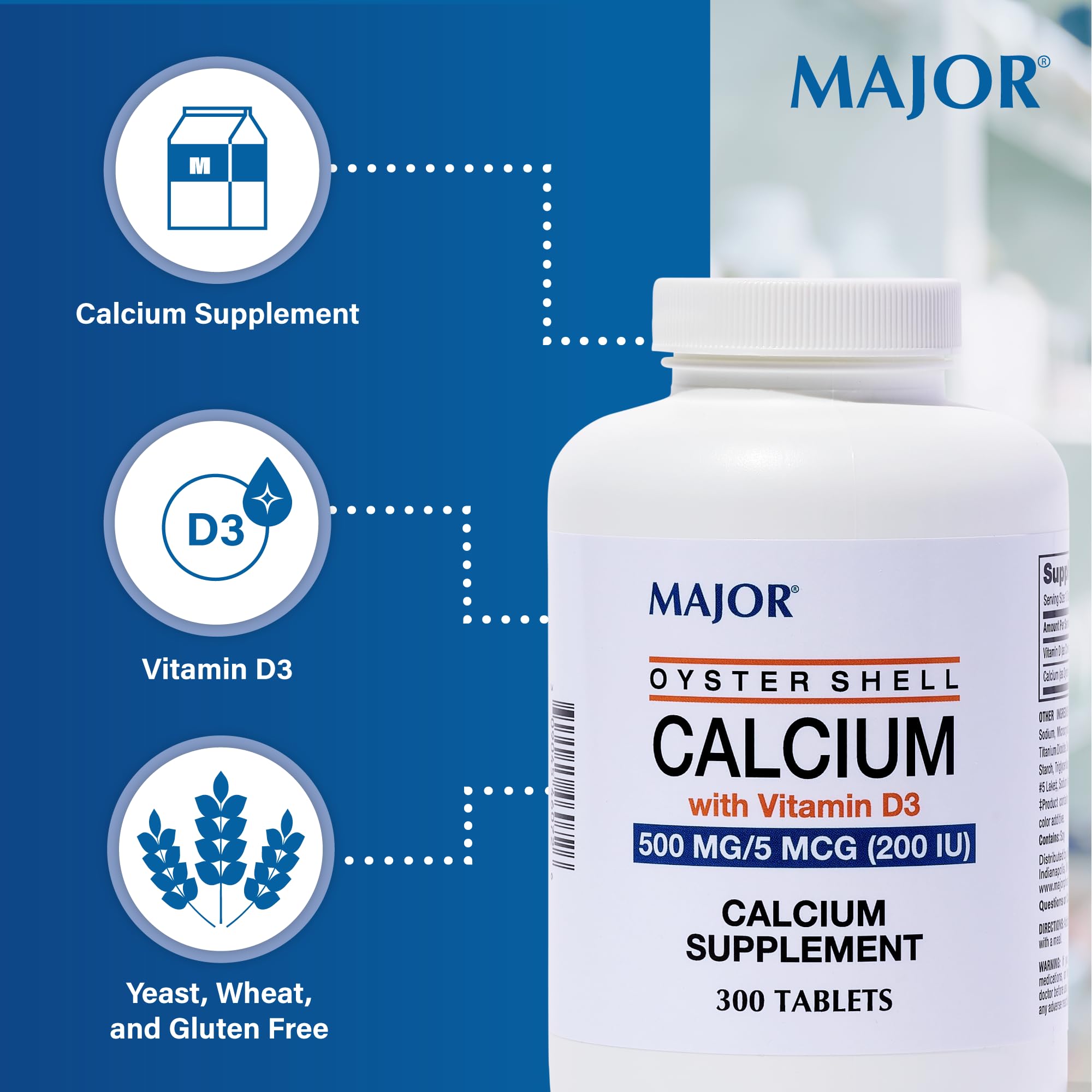 Active ingredients shown: Vitamin D3 200 IU and calcium 500 mg (oyster shell)