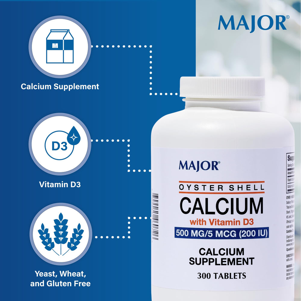 Active ingredients shown: Vitamin D3 200 IU and calcium 500 mg (oyster shell)