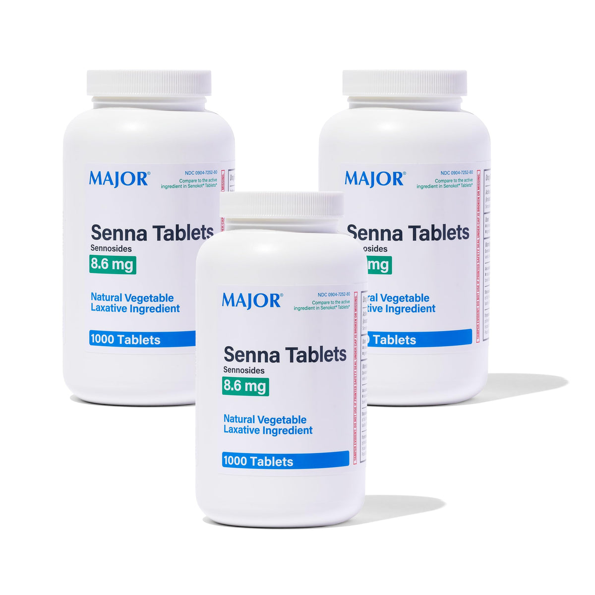Major Senna 8.6 mg tablets bottle closeup illustrating natural laxative support for occasional constipation.