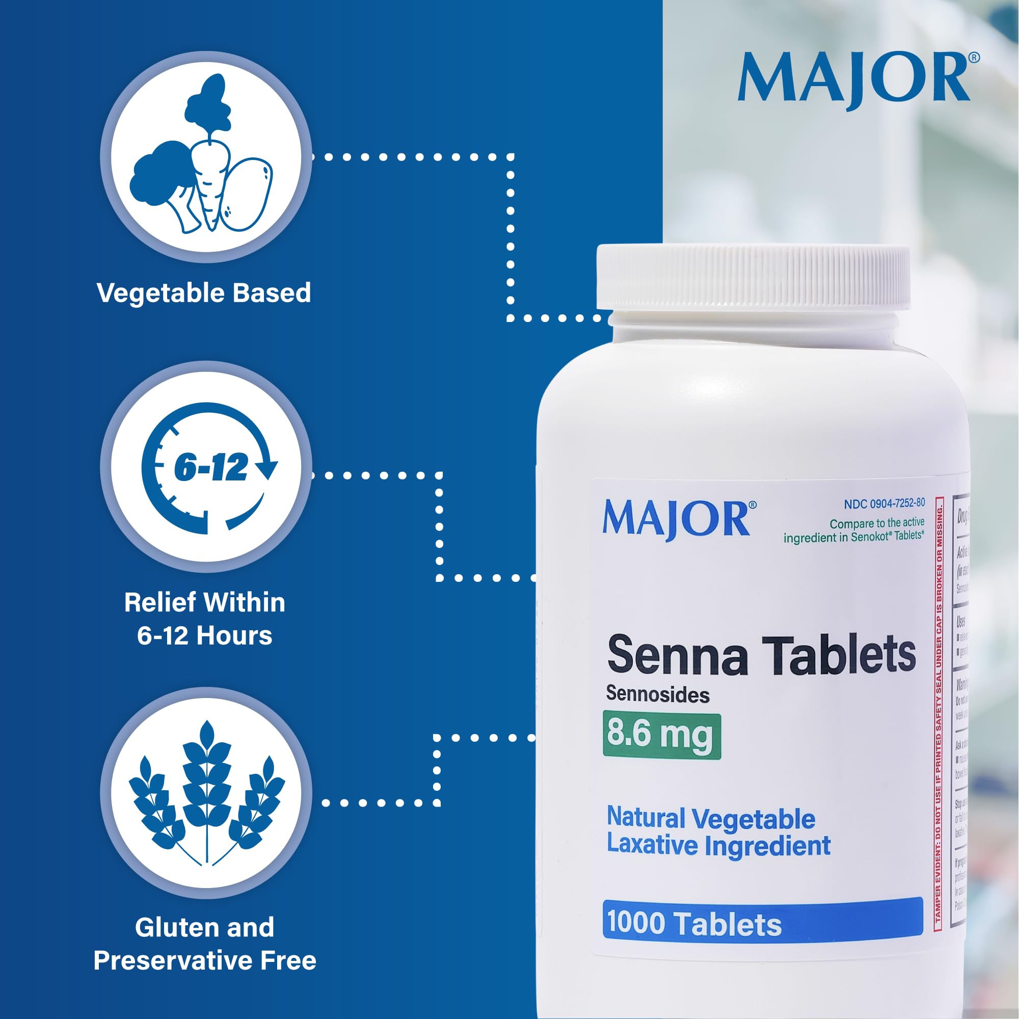 MAJOR Senna pills close-up showing easy-to-swallow tablets for nightly use.