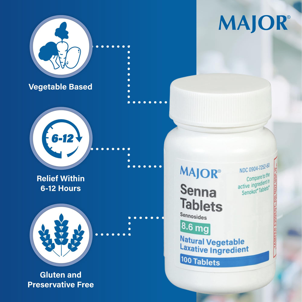 MAJOR Senna 8.6 mg tablets pour shot demonstrates nighttime dosing for daily wellness.