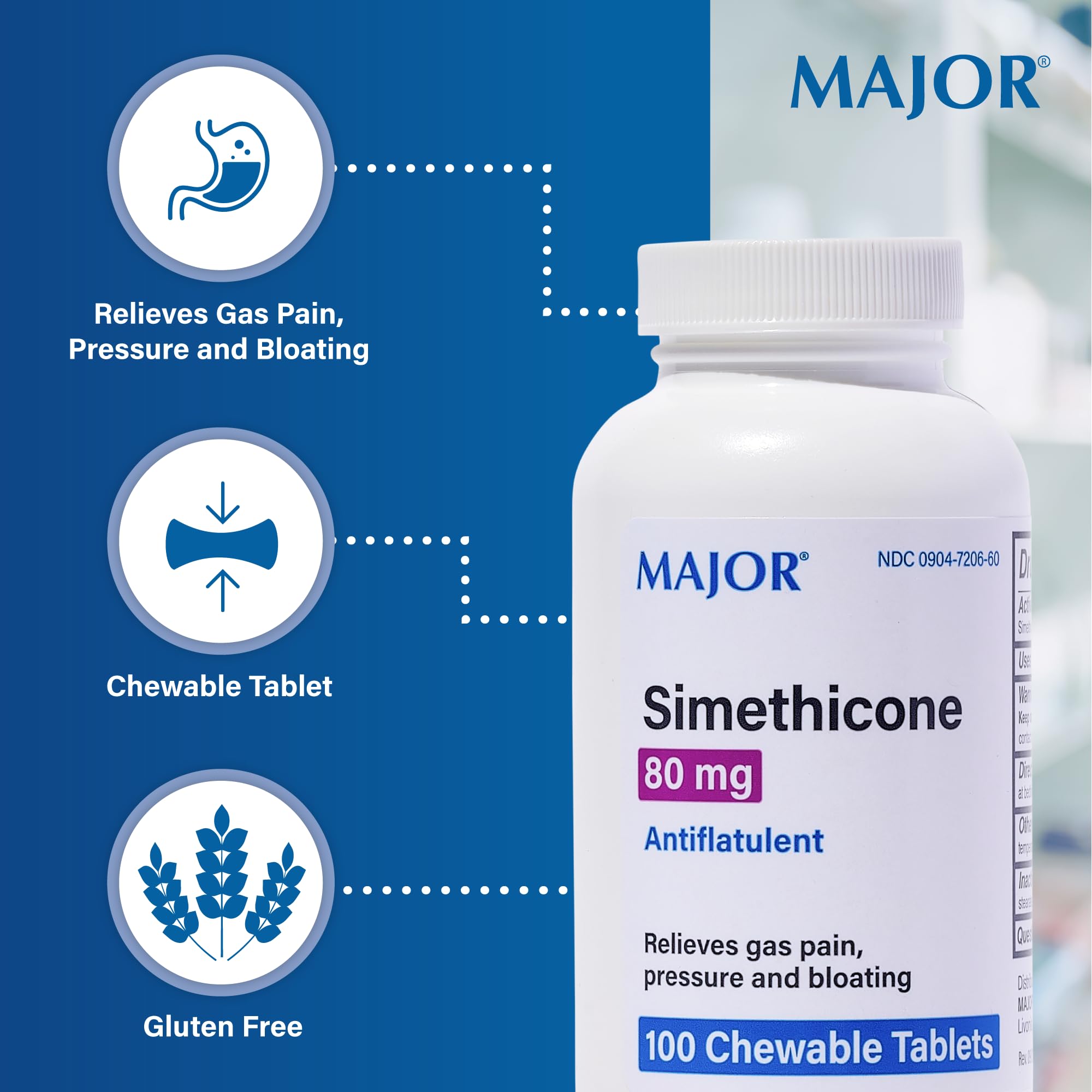 MAJOR Simethicone gas relief front pack emphasizing gluten-free, preservative-free formulation