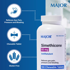 MAJOR Simethicone gas relief front pack emphasizing gluten-free, preservative-free formulation