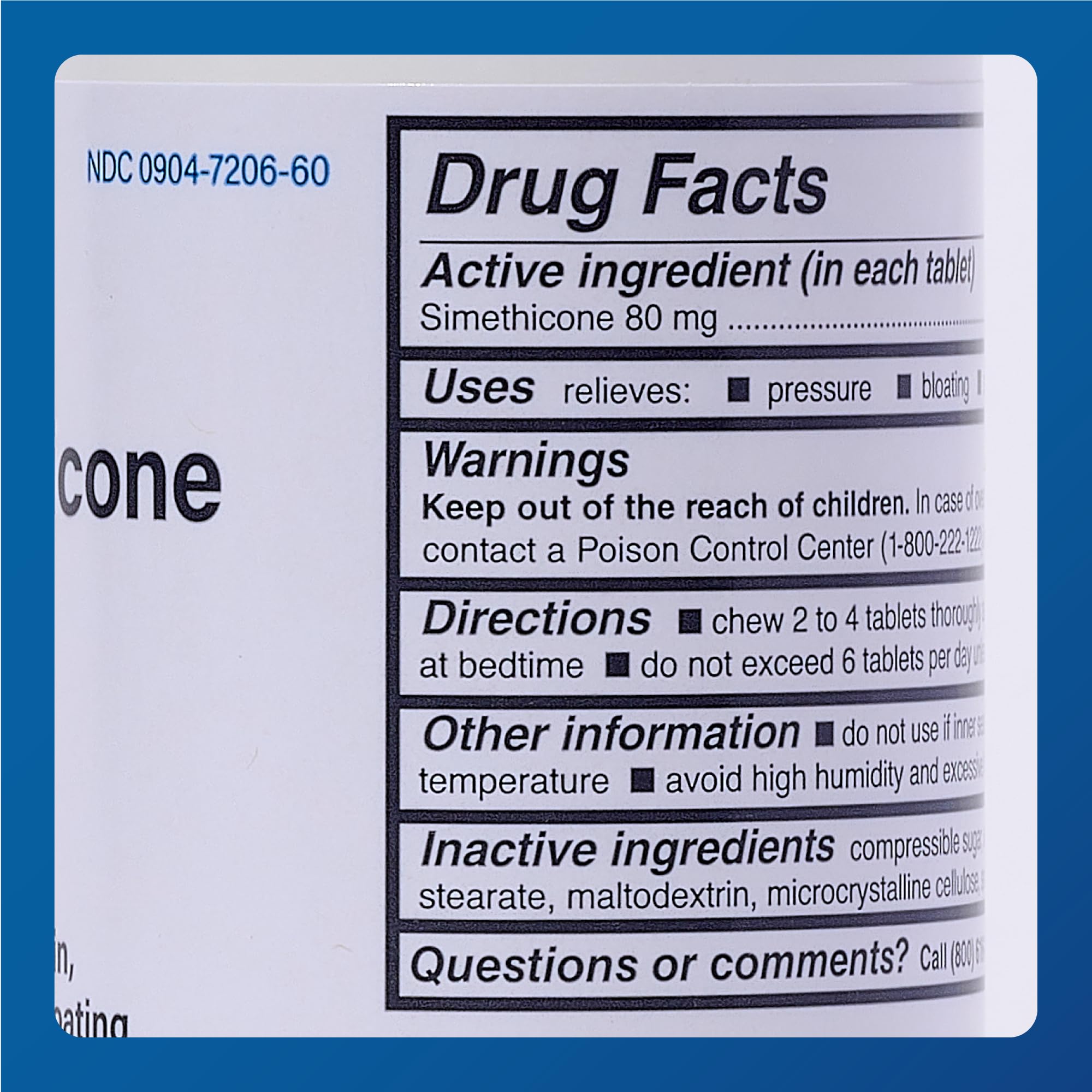 MAJOR Simethicone tablets showing dosage guidance after meals for bloating and pressure support