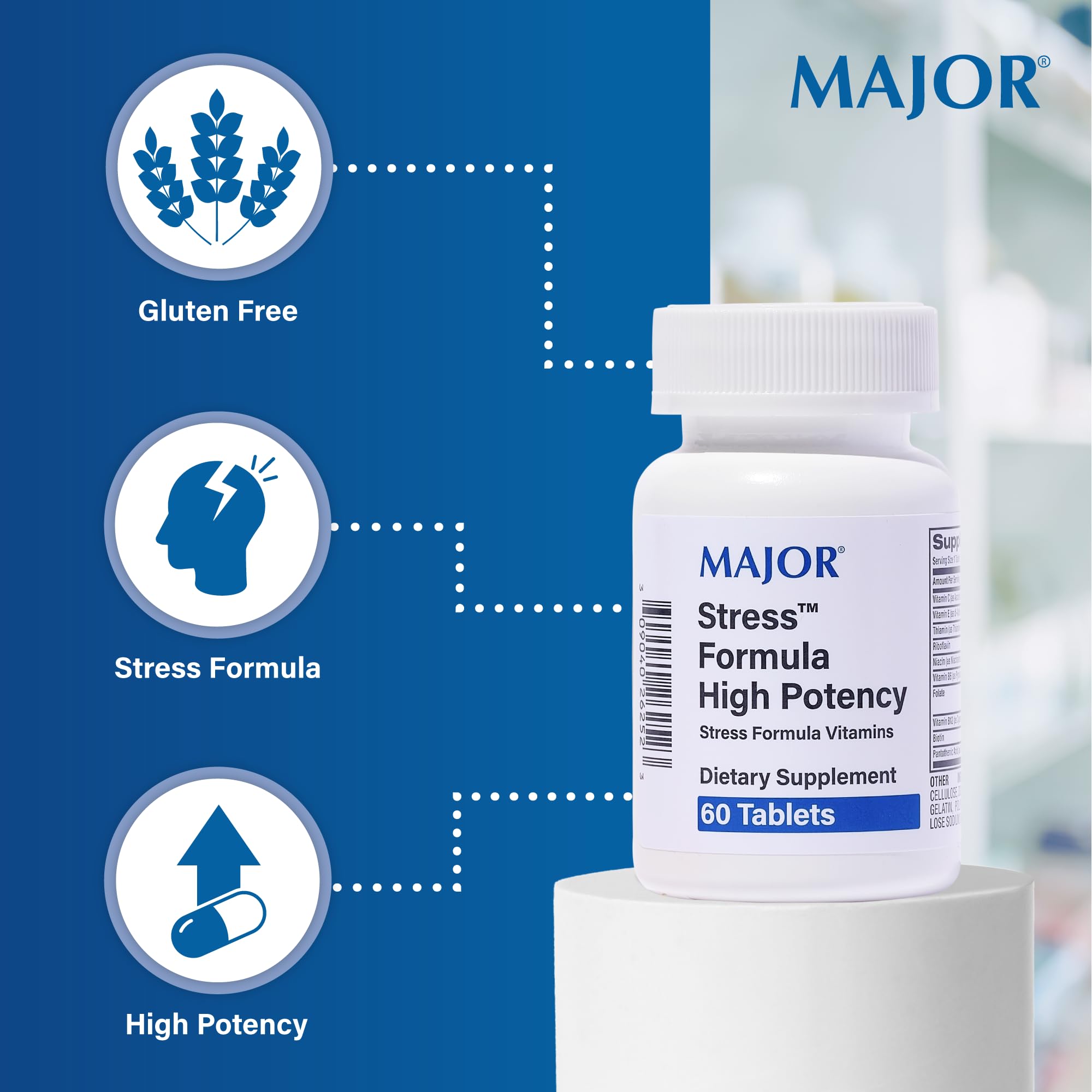 Close-up of MAJOR Stress Formula active ingredients list