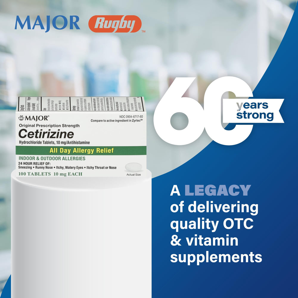 MAJOR cetirizine close-up shows sneezing relief concept.