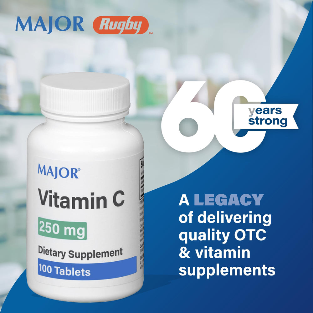 Branding/pack shot of Major Pharmaceuticals Vitamin-C 250 mg tablets