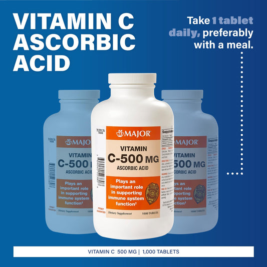 Side view of Major Vitamin C 500 mg tablets bottle
