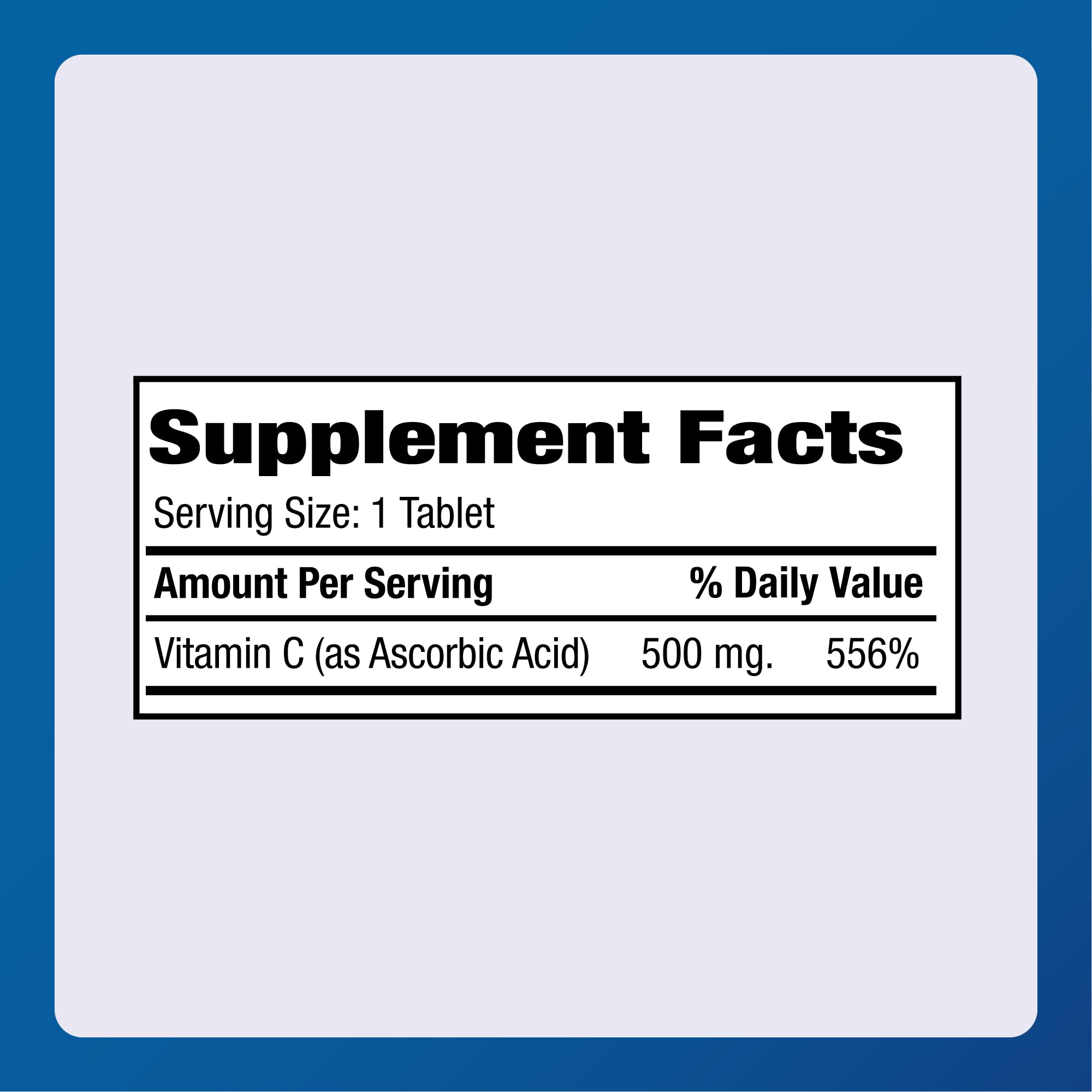 Nutrition facts panel for Vitamin C 500 mg tablets