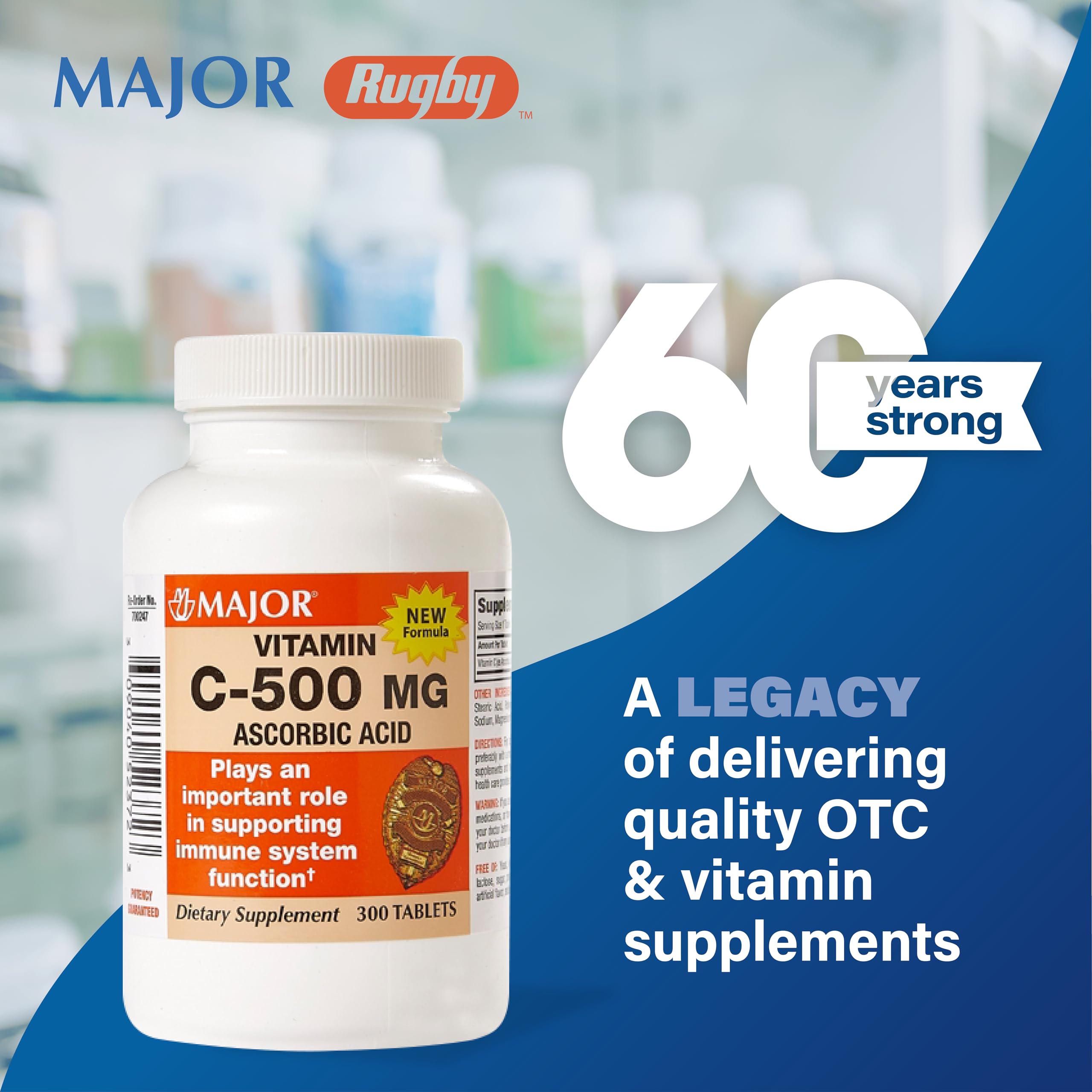 300-count bottle packaging for Major Vitamin C-500 mg tablets