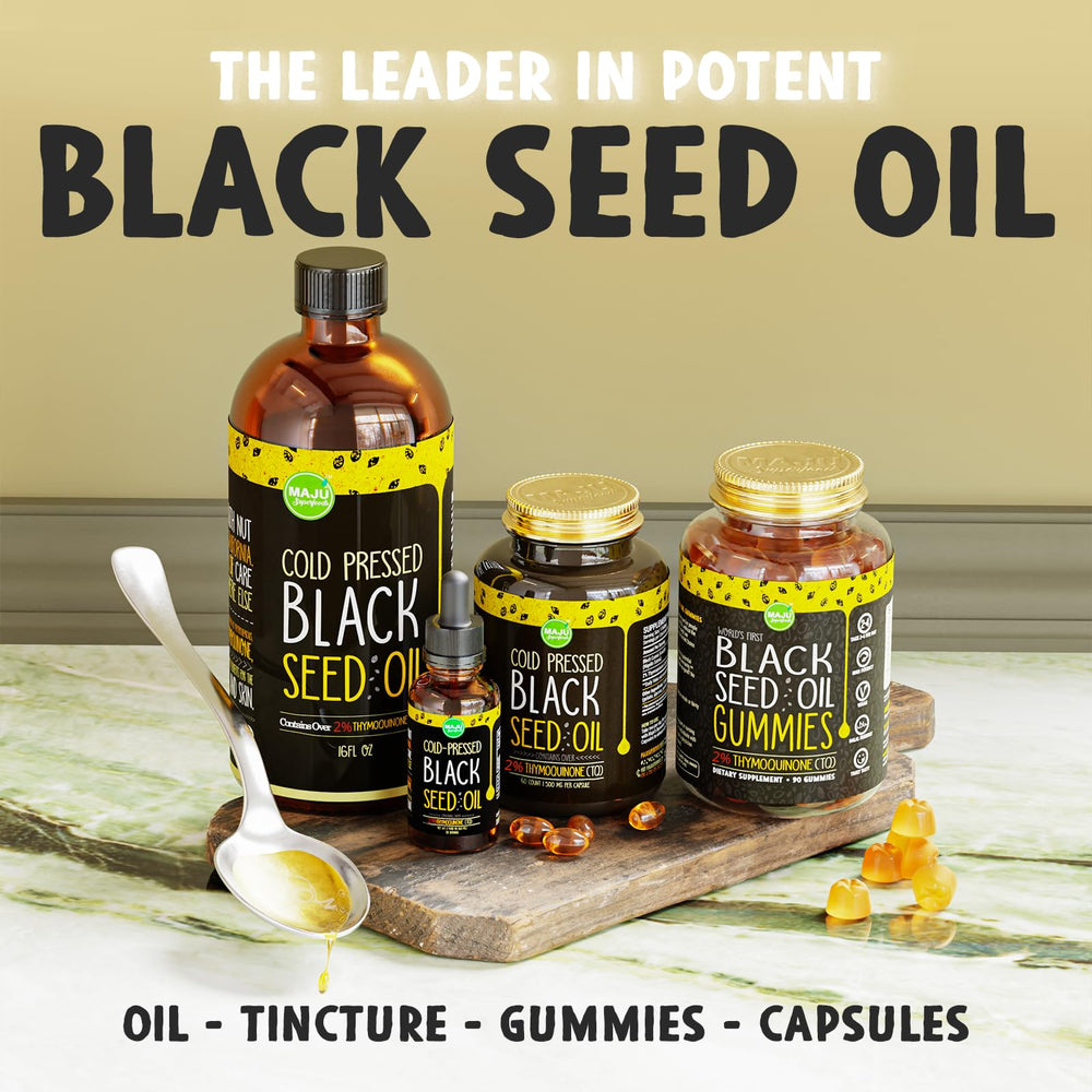Close-up of label on MAJU Black Seed Oil 16oz bottle