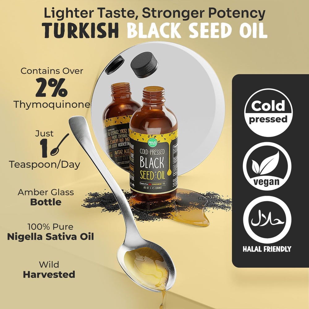 Side profile of MAJU Black Seed Oil 8oz bottle