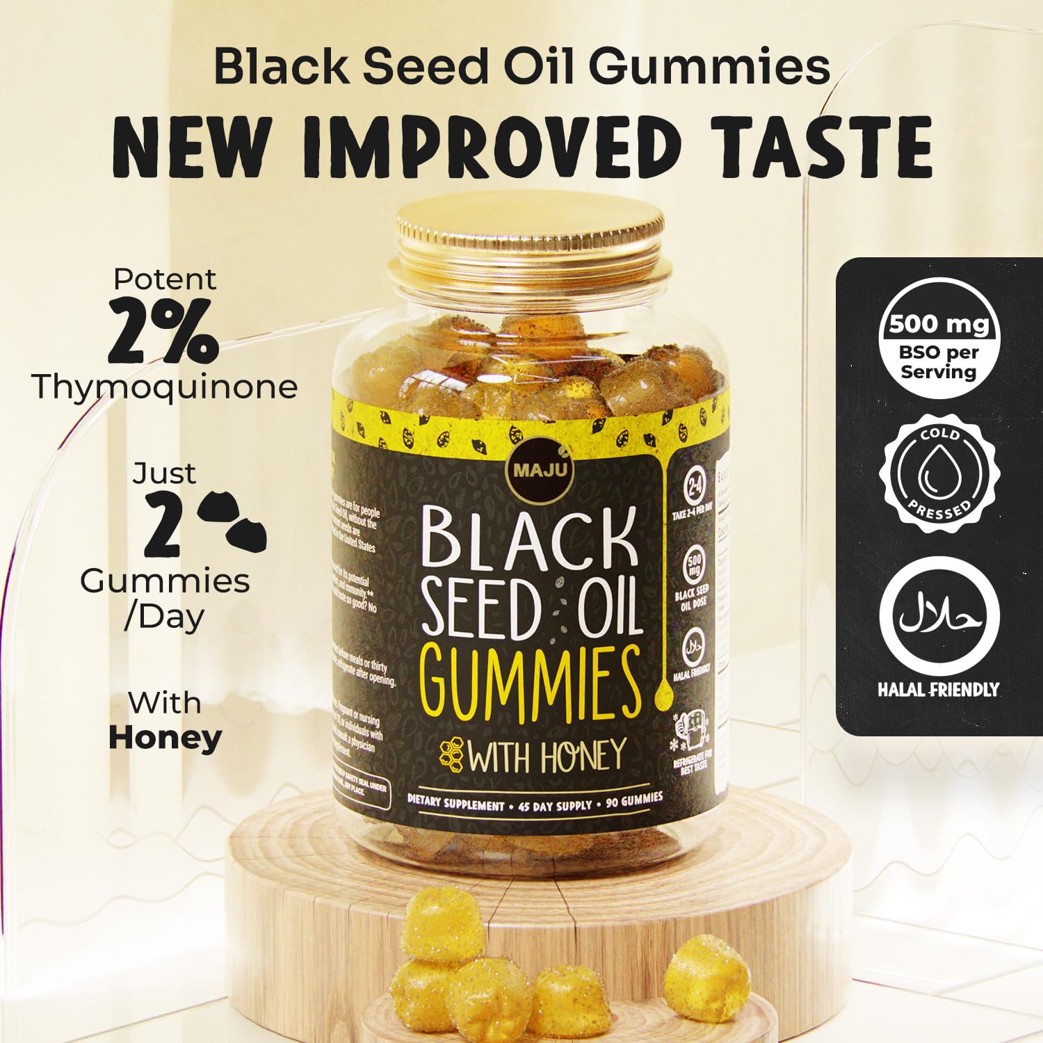 Close-up of glossy MAJU black seed oil gummy