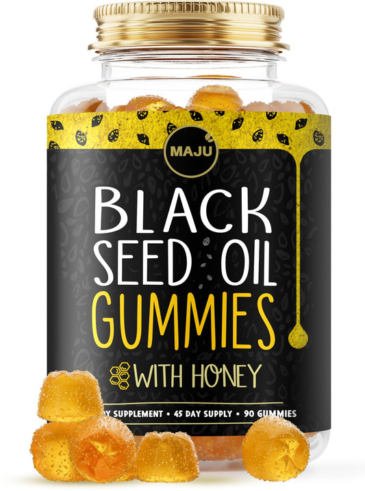 MAJU Black Seed Oil Gummies Honey flavor bottle and gummies on white background