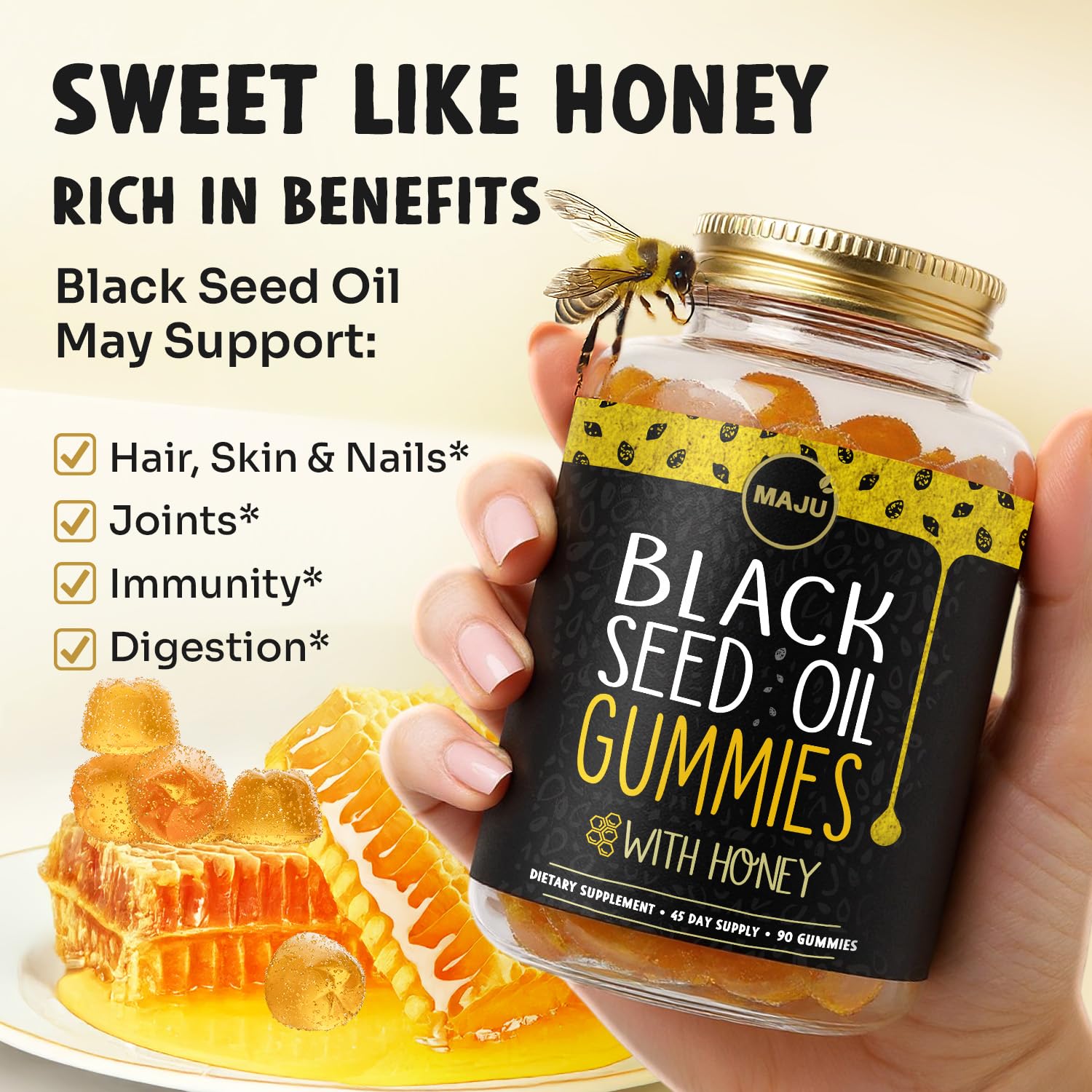 Ingredients panel showing cold-pressed Nigella Sativa oil