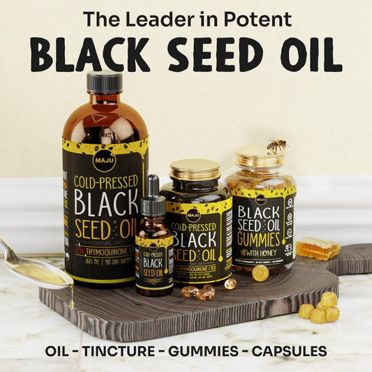 Product packaging for MAJU Black Seed Oil Gummies Honey 90-count