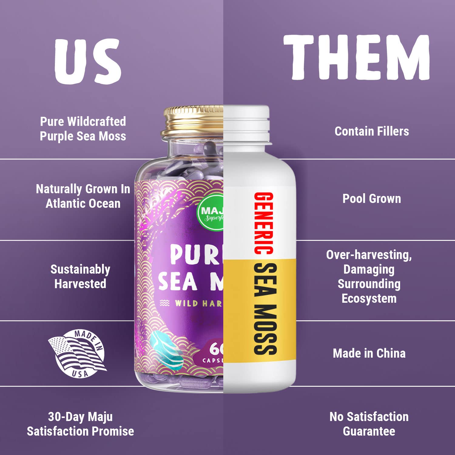 Ready-to-use sea moss capsule bottle on white background