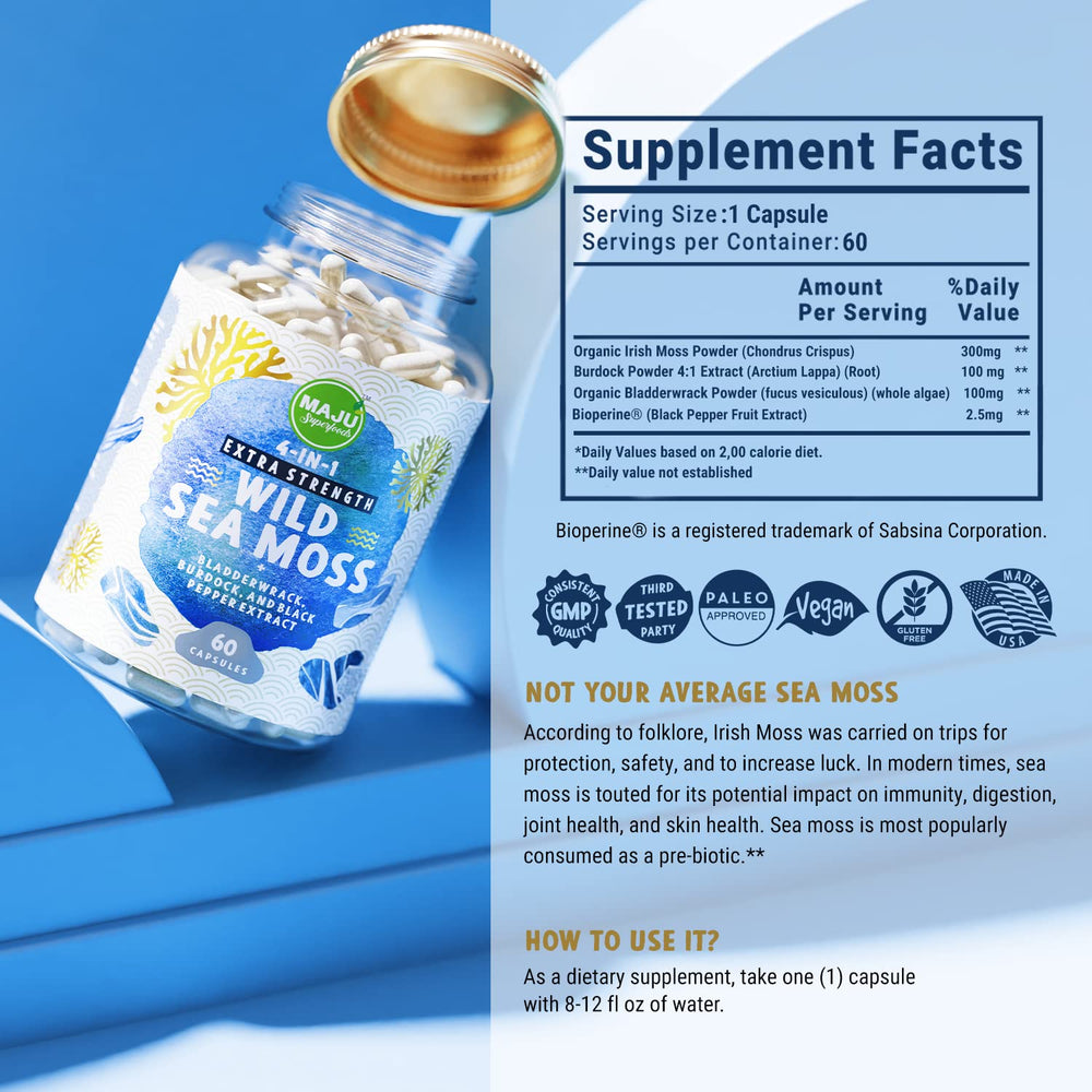 Packaging of MAJU 4-in-1 sea moss capsules