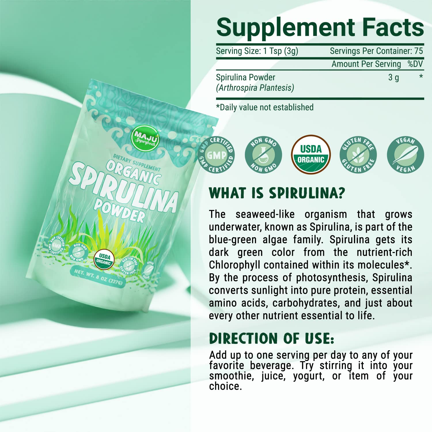 USDA Organic seal on MAJU Spirulina packaging