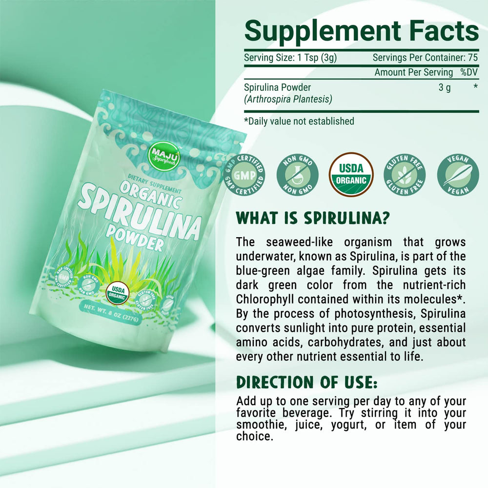 USDA Organic seal on MAJU Spirulina packaging