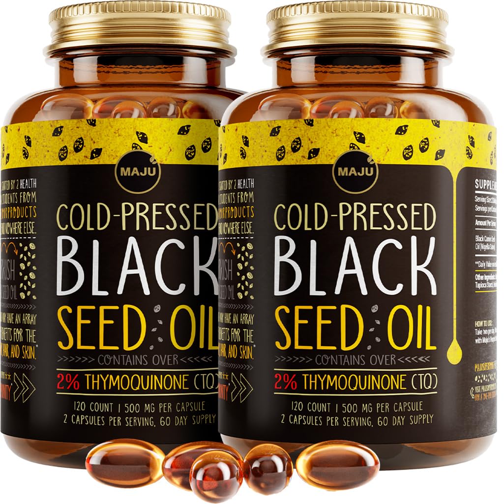 Maju Superfoods black seed oil capsules bottle front for easy daily intake.
