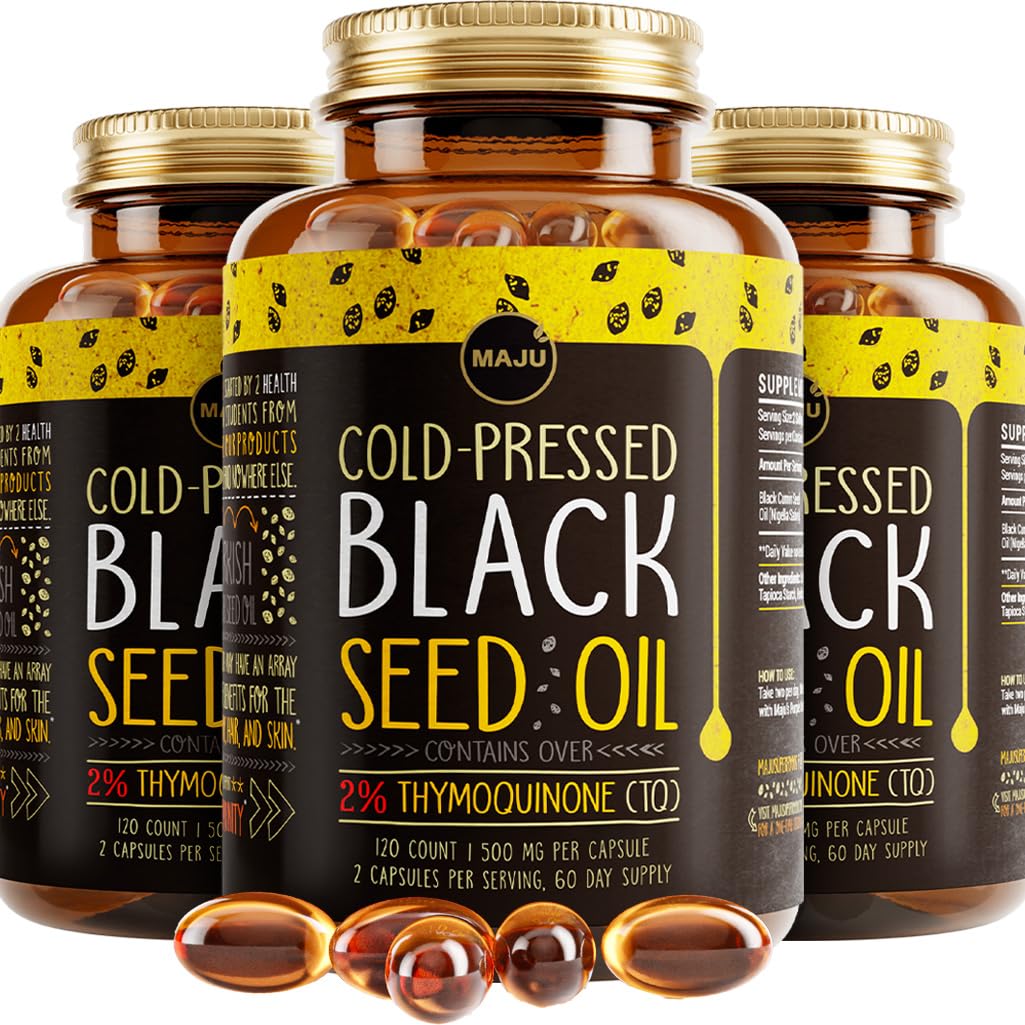 Maju Superfoods Black Seed Oil Capsules bottle front signaling organic cold-pressed oil for daily wellness