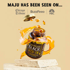 Maju Superfoods ingredients display emphasizes natural, cold-pressed Black Seed.