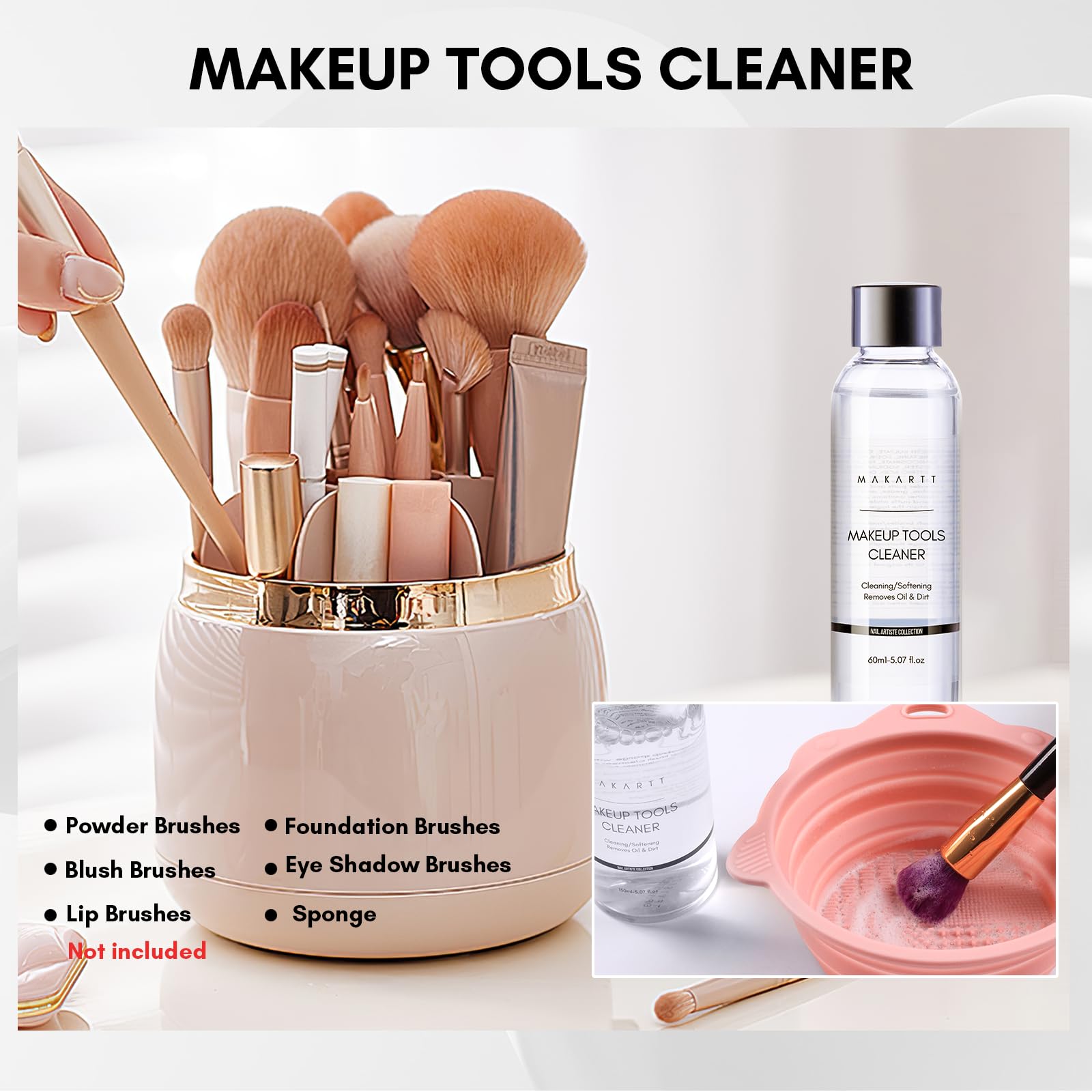 Makartt Brush Cleaner Solution and powder puffs for hygienic tool refresh