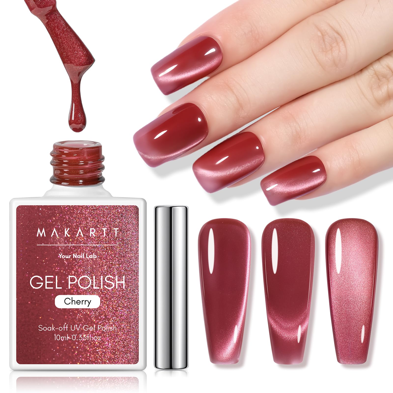 Makartt cat eye gel nail polish cherry with magnet for depth and shimmer