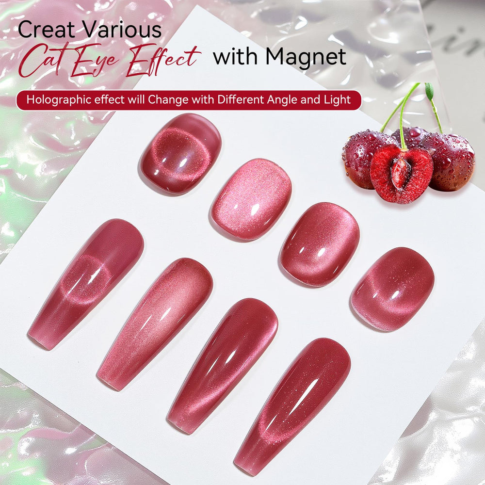 Makartt Cat Eye Gel Polish cherry holographic shimmer under light