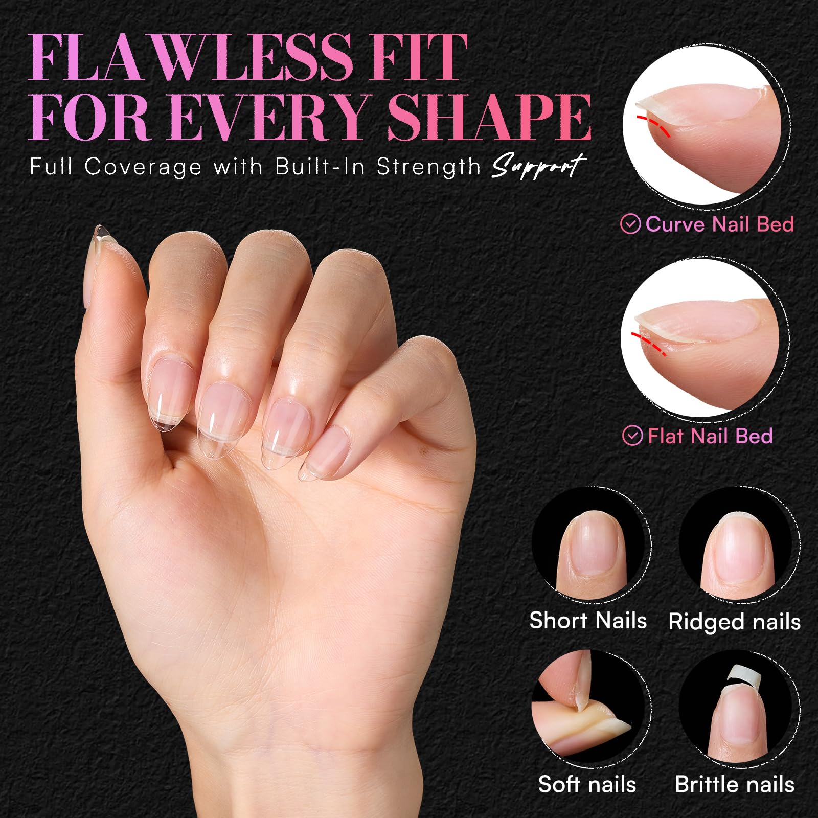 Makartt full-cover almond tips in half-matte finish for natural-looking extensions.