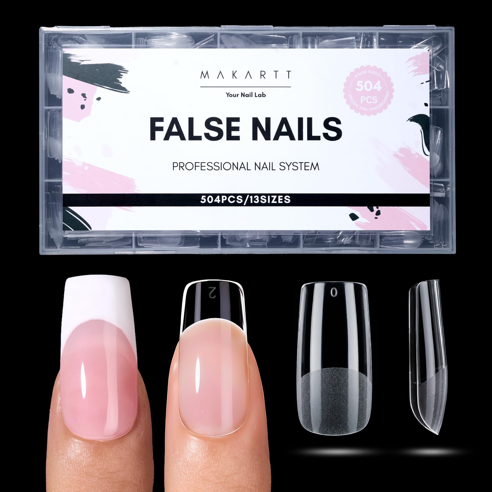 Makartt medium square nail tips box display shows 504 clear pieces for home or salon use