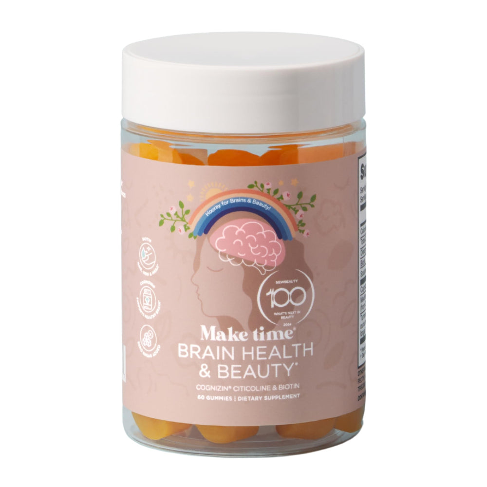 Bottle of MAKE TIME Brain & Beauty Gummies with label