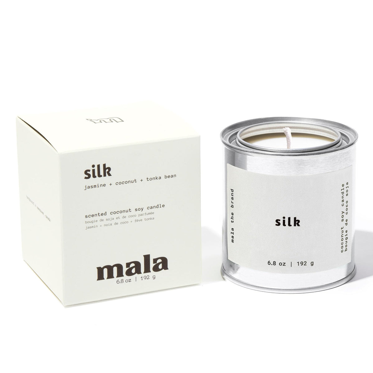 6.8 oz MALA scented candle in glass jar with Tonka Bean Jasmine & Coconut fragrance