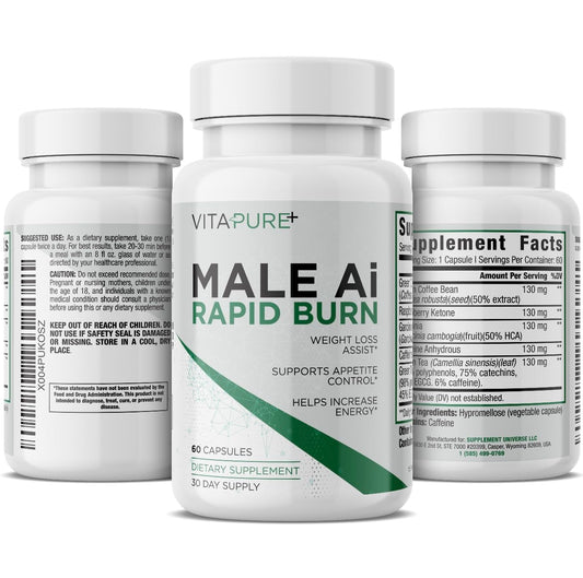 Front view of Male AI Rapid Burn bottle and packaging