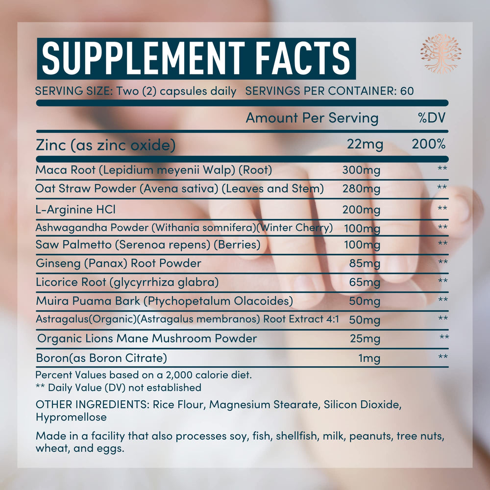 Ingredients include ashwagandha, lions mane and ginseng for fertility support