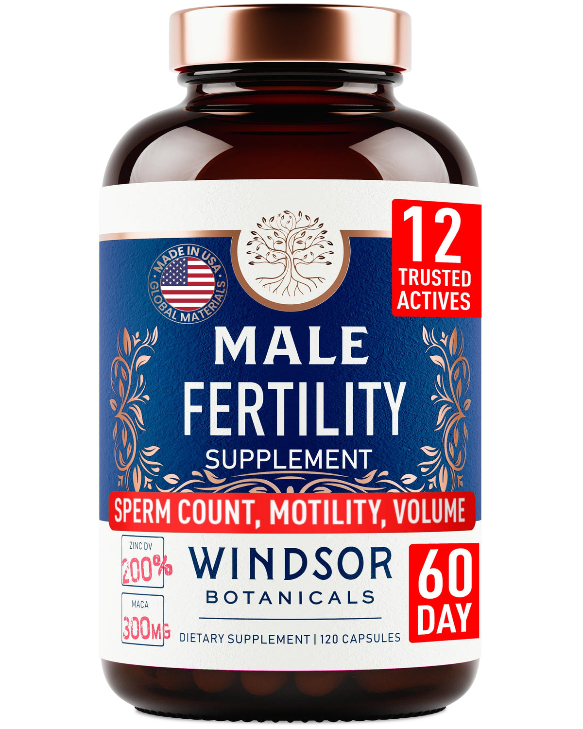 Bottle of male fertility supplement with maca root and natural extracts