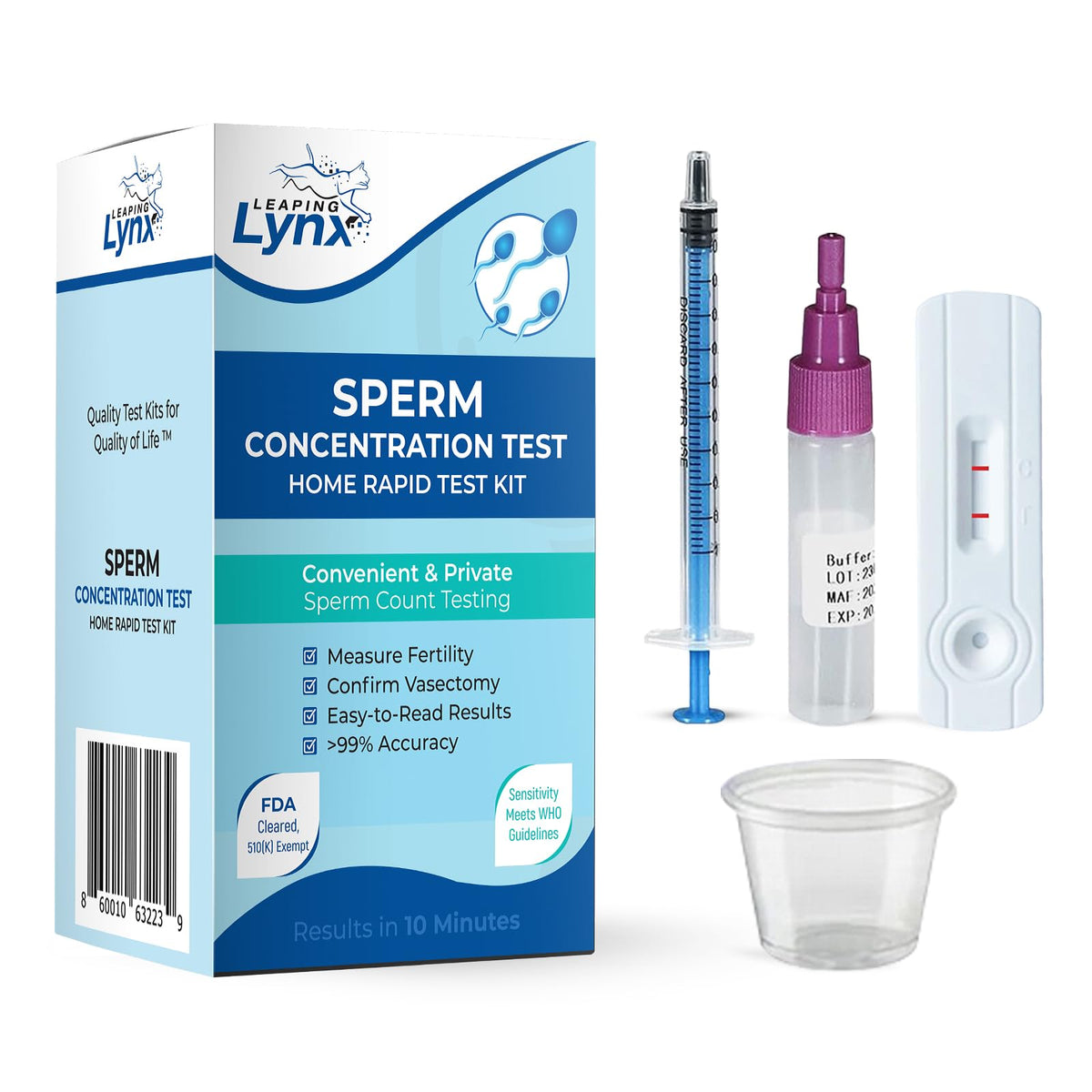 Packaging for the Male Fertility Test Kit showing at-home semen analysis