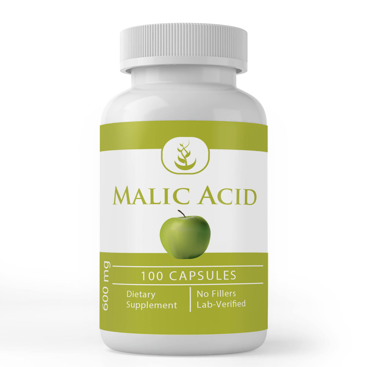 Front view of Malic Acid 100 capsules bottle