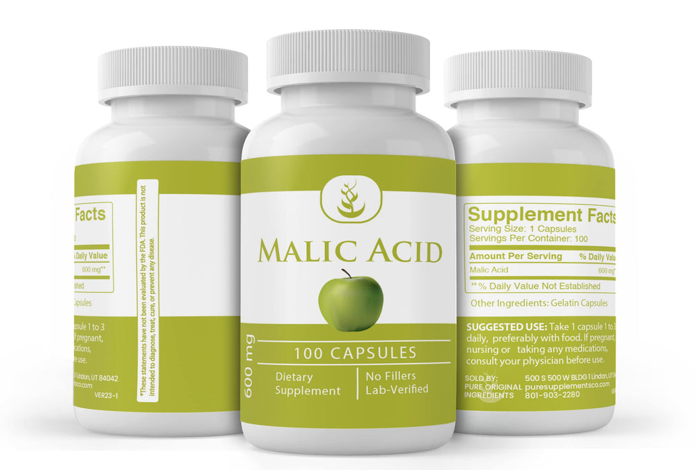 Capsules close-up illustrating a pure malic acid supplement