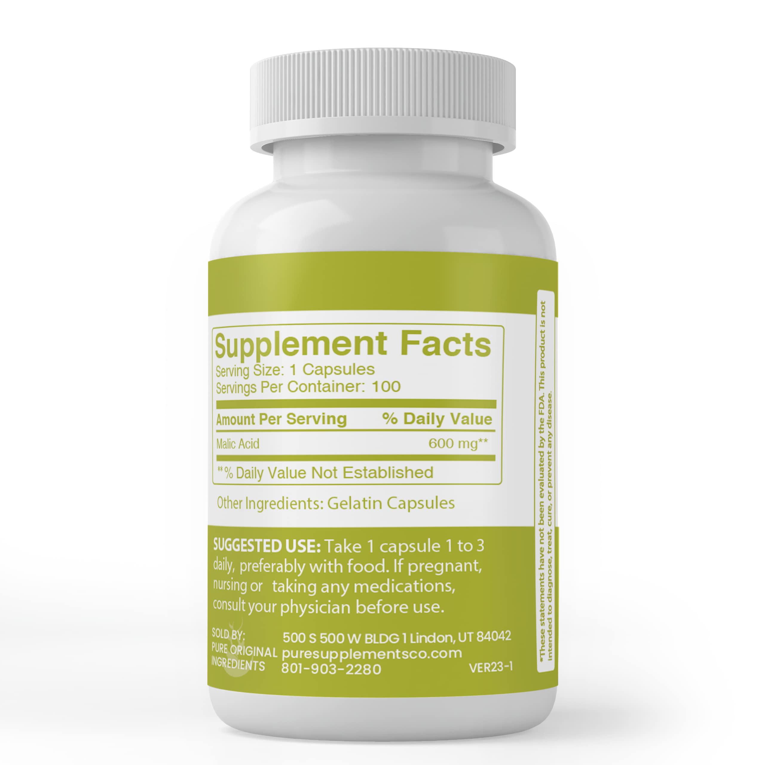 Close-up of Malic Acid capsules highlighting single-ingredient formula