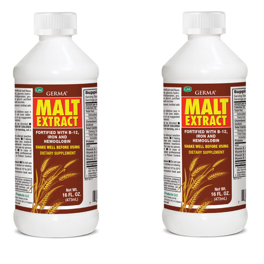 Front view of Germa Malt Extract 16oz fortified with Vitamin B-12 and Iron (2 Pack)