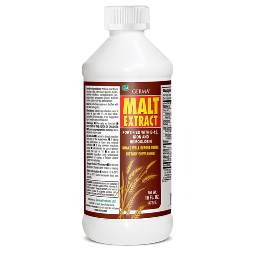 Label showing fortification with Vitamin B-12 and Iron for Germa Malt Extract 16oz