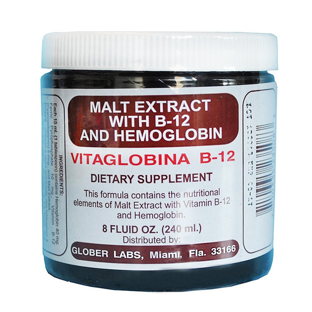 Bottle of Malt Extract with Hemoglobin and Vitamin B-12 label