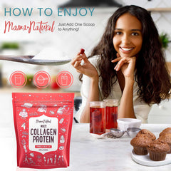 Mama Natural grass-fed bovine collagen source signals a premium, whole-body blend.