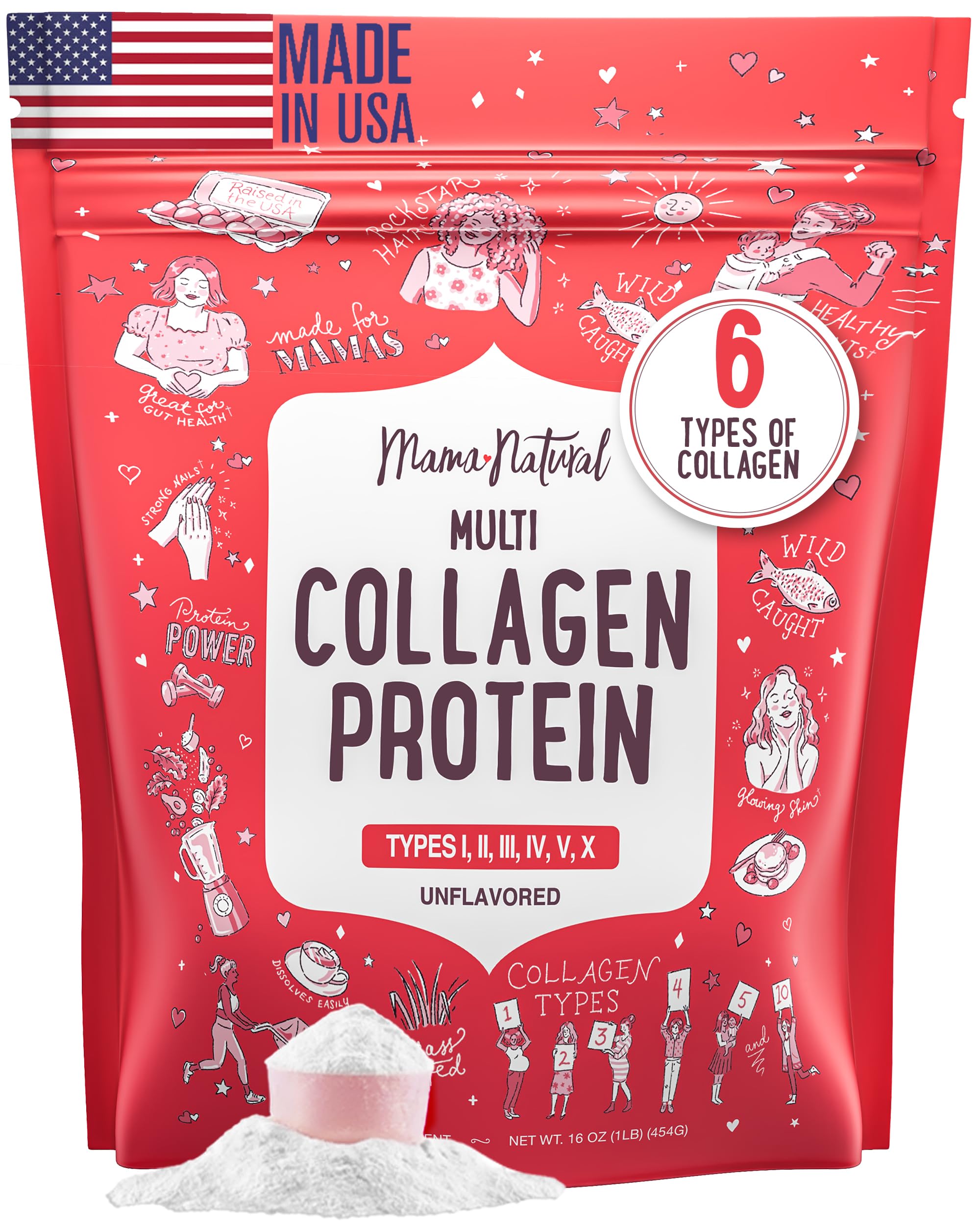 Mama Natural Multi Collagen powder bottle with unflavored formula for daily use.