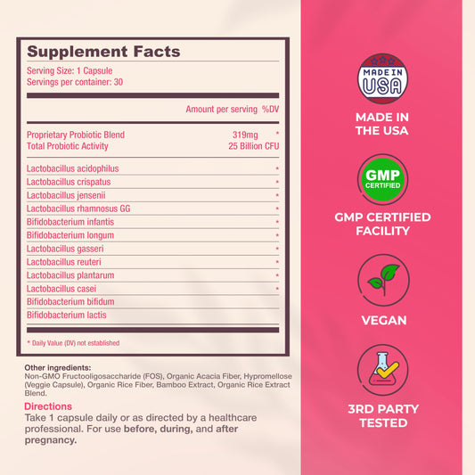 Label showing 25B CFU and 12 probiotic strains