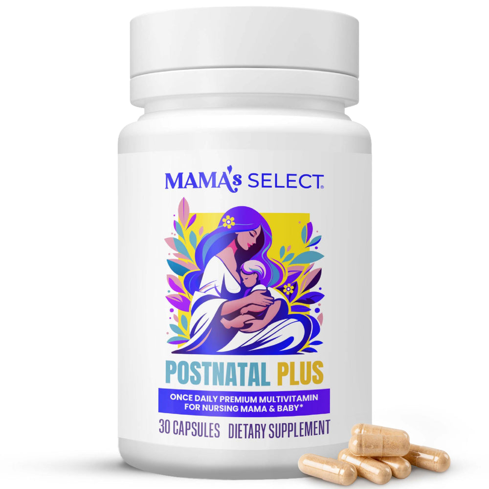 Bottle of Mama's Select Postnatal Vitamins on a clean white background.