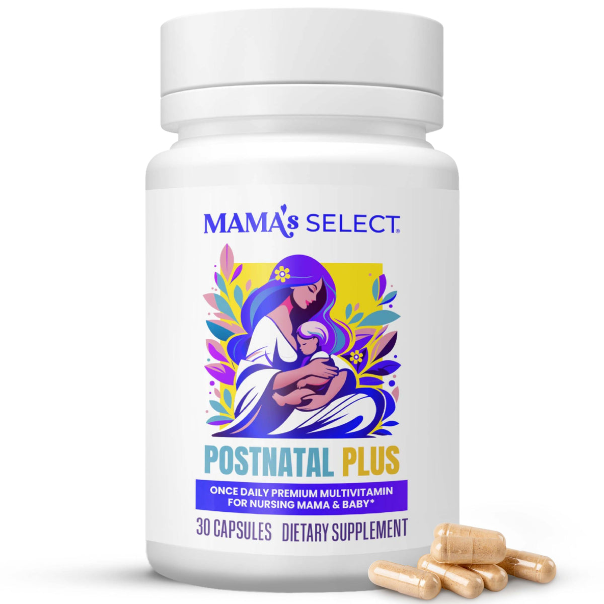 Bottle of Mama's Select Postnatal Vitamins on a clean white background.