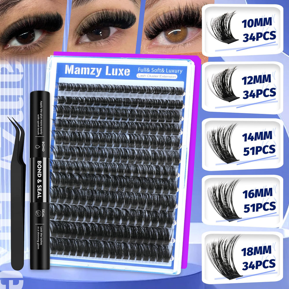 Mamzy Luxe 10-18mm clusters for versatile lash looks.